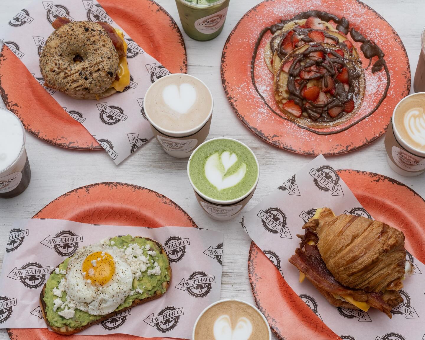Sunday brunch spread at Coffee Ave — bagel and croissant B.E.C., avocado toast, strawberry pancakes, matcha and lattes